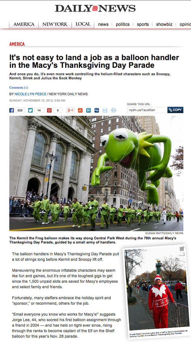 Mr. Bucketlist as a balloon handler in the Thanksgiving Parade